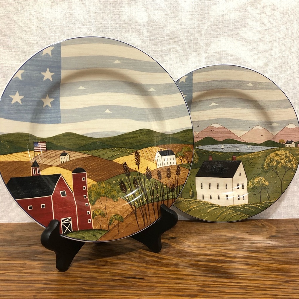 Vintage 1999 Patriotic Folk Art Country Living American Flag Cottage Plates